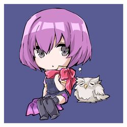  aiueo1234853 bad_id bad_twitter_id bird blue_background boots chibi commentary_request feh_(fire_emblem_heroes) female fire_emblem fire_emblem:_new_mystery_of_the_emblem fire_emblem_heroes katarina_(fire_emblem) owl purple_hair red_scarf scarf short_hair simple_background sitting 