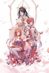  3girls armor black_hair cape commentary cottan dress fire_emblem fire_emblem_fates full_body gloves hair_ornament hairband highres hinoka_(fire_emblem) jewelry long_hair looking_at_another looking_at_viewer mikoto_(fire_emblem) mother_and_daughter multiple_girls open_mouth pink_hair priest red_dress red_eyes red_hair red_skirt sakura_(fire_emblem) short_hair siblings sisters skirt smile staff thighhighs white_dress white_gloves zettai_ryouiki 