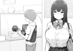  1boy age_difference breasts commentary_request face_mask female greyscale huge_breasts intel long_hair mask monochrome original school_uniform sky_(freedom) storefront surgical_mask you_gonna_get_raped 