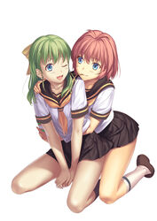  2girls bad_id bad_pixiv_id between_legs blue_eyes blush bow commentary_request food green_hair hairbow hug hug_from_behind kukuri_(ahagon) long_hair miyafuji_miina multiple_girls neckerchief one_eye_closed onegai_twins onodera_karen open_mouth partial_commentary photoshop_(medium) pink_hair pleated_skirt pocky pocky_kiss school_uniform seiza serafuku shared_food short_hair short_sleeves simple_background sitting skirt smile v_arms yuri 