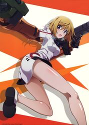  belt blonde_hair breasts charlotte_dunois dress female floating_hair gun hair_between_eyes highres holding holding_gun holding_weapon infinite_stratos infinite_stratos_academy_school_uniform leg_up long_hair looking_at_viewer medium_breasts open_mouth ponytail purple_eyes school_uniform shiny_skin short_dress solo uniform weapon 