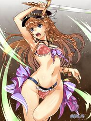  abo_(hechouchou) arm_up bikini blue_eyes bracelet braid brown_hair commentary_request female frilled_bikini frills granblue_fantasy hat highres jewelry lecia_(granblue_fantasy) lecia_(summer)_(granblue_fantasy) light_brown_hair long_hair midriff navel open_mouth polka_dot polka_dot_bikini red_bikini single_braid slashing strap_break swimsuit sword torn_bikini torn_clothes very_long_hair wardrobe_malfunction weapon 