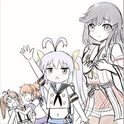  4girls antenna_hair aoba_(kancolle) aoba_(kancolle)_(cosplay) arm_up blue_hair commentary_request cosplay crossover haruna_(kancolle) haruna_(kancolle)_(cosplay) ichijou_hotaru kantai_collection koshigaya_komari koshigaya_natsumi long_hair looking_at_viewer miyauchi_renge multiple_girls navel non_non_biyori ryuujou_(kancolle) ryuujou_(kancolle)_(cosplay) shimakaze_(kancolle) shimakaze_(kancolle)_(cosplay) triangle_mouth twintails y.ssanoha 