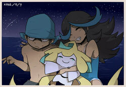  1boy aged_down archie_(pokemon) bandana black_hair blue_hair blue_one-piece_swimsuit commentary_request female grin hug jirachi long_hair multicolored_hair mumu_(pixiv2105321) night night_sky ocean one-piece_swimsuit photo_(object) pokemon pokemon_(creature) pokemon_oras shelly_(pokemon) shooting_star sky smile star_(sky) starry_sky swimsuit tan team_aqua team_aqua_uniform v 