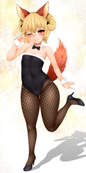  absurdres animal_ears bad_id bad_pixiv_id bare_shoulders blonde_hair blush bow bowtie braid collar cuffs elin female fishnet_pantyhose fishnets flat_chest fox_ears fox_tail fur_trim high_heels highres leotard looking_at_viewer mapar one_eye_closed pantyhose photoshop_(medium) red_eyes shadow skindentation smile solo standing standing_on_one_leg tail tera_online thigh_gap wrist_cuffs 