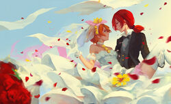  2girls absurdres bamboo_nima bouquet bridal_veil bride carrying commentary_request crossdressing dress flower gloves groom highres hoshizora_rin looking_at_another love_live! love_live!_school_idol_project love_wing_bell multiple_girls nishikino_maki orange_hair petals princess_carry red_flower red_hair short_hair tuxedo veil wedding_dress white_gloves wife_and_wife yellow_flower yuri 