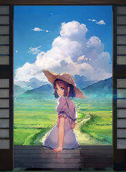  arm_support black_hair blue_eyes blue_sky bob_cut cloud commentary_request cover_image cumulonimbus_cloud day dirt_road dress female field from_behind grass hat hiiragi_ache looking_back mountain nature novel_illustration official_art outdoors pink_dress puffy_short_sleeves puffy_sleeves road scenery short_hair short_sleeves shouji sitting sky sliding_doors smile solo straw_hat textless_version veranda white_dress yasumo_(kuusouorbital) 