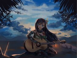  aircraft airplane bad_id bad_pixiv_id black_hair blue_eyes boots commentary detached_sleeves dusk female fire girls&#039;_frontline guitar hair_between_eyes hair_ornament injury instrument long_hair looking_at_viewer mt-9_(girls&#039;_frontline) music outdoors scarf singing smile tsqy12 