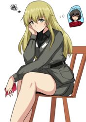  2girls anzio_military_uniform black_shirt blonde_hair brown_hair caesar_(girls_und_panzer) carpaccio_(girls_und_panzer) chair closed_eyes commentary_request girls_und_panzer green_eyes grey_jacket grey_skirt head_rest hifumi_hajime jacket long_hair multiple_girls pencil_skirt red_scarf scarf shirt short_hair simple_background sitting skirt smile solo_focus squiggle thought_bubble translated white_background 