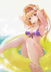  adjusting_hair barefoot bikini blonde_hair blue_eyes breasts commentary female flower granblue_fantasy hair_flower hair_ornament innertube jeanne_d&#039;arc_(granblue_fantasy) jeanne_d&#039;arc_(summer)_(granblue_fantasy) long_hair medium_breasts mouth_hold nido_celisius official_alternate_costume swim_ring swimsuit symbol-only_commentary 