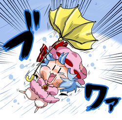  :3 :o bad_id bad_pixiv_id bloomers blue_hair bow brooch chibi commentary dress female flying hat hat_bow hat_ribbon inverted_umbrella jewelry mob_cap noai_nioshi pink_dress pink_hat rain remilia_scarlet ribbon single_tear solo sound_effects_only touhou umbrella underwear v-shaped_eyebrows wind |_| 