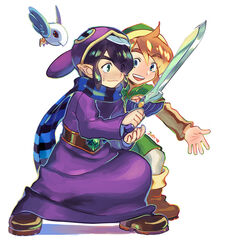  2boys artist_name belt bird black_hair blue_eyes boots brown_hair cloak commentary green_eyes hood hooded_cloak juby link master_sword multiple_boys pointy_ears ravio scarf sheerow sidelocks smile spoilers sword the_legend_of_zelda the_legend_of_zelda:_a_link_between_worlds weapon white_background 