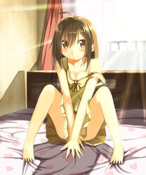  :d ahoge ayataka backlighting bare_shoulders barefoot blush breasts brown_eyes brown_hair cleavage commentary_request curtains female highres indoors medium_breasts off_shoulder on_bed open_mouth original photoshop_(medium) pleated_skirt sitting skirt smile solo sunlight v_arms 