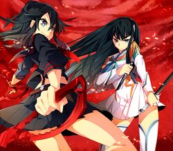  2girls akibotann black_hair blue_eyes commentary_request hair_ornament hairclip junketsu katana kill_la_kill kiryuuin_satsuki long_hair long_sleeves matoi_ryuuko multicolored_hair multiple_girls red_hair school_uniform scissor_blade_(kill_la_kill) senketsu short_hair skirt smile suspenders sword thighhighs two-tone_hair wakizashi weapon 