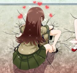  black_hair braid broken_wall brown_hair cicada_block commentary_request cracked_wall flying_sweatdrops from_behind hug kabe_ni_hamatte_ugokenai! kantai_collection kitakami_(kantai_collection) leg_grab long_hair miniskirt multiple_girls neckerchief ooi_(kantai_collection) parody pleated_skirt sailor_collar school_uniform serafuku short_sleeves single_braid skirt sparkle stuck through_wall tk8d32 wall wall_slam yuri 