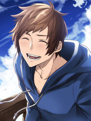  1boy :d blush brown_hair closed_eyes cloud commentary_request day fighter_(granblue_fantasy) gran_(granblue_fantasy) granblue_fantasy highres hood hoodie male_focus nakamura_hiro_(nobody10ch) open_mouth photoshop_(medium) short_hair sky smile solo twitter_username upper_body 