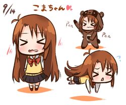  &gt;_&lt; animal_costume antenna_hair asahigaoka_school_uniform birthday blush brown_hair chibi closed_eyes commentary_request dated female hana_kazari koshigaya_komari long_hair non_non_biyori open_mouth red_ribbon ribbon school_uniform skirt solo tanuki_costume translated triangle_mouth white_background 