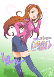  black_thighhighs blush brown_hair cerezo_osaka dated female hairband highres idolmaster idolmaster_(classic) inoue_sora j._league long_hair looking_at_viewer minase_iori one_eye_closed open_mouth photoshop_(medium) red_eyes shorts signature smile soccer soccer_uniform solo sportswear thighhighs 