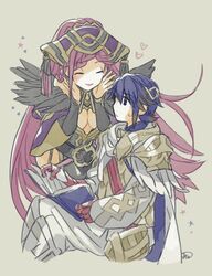  1boy alfonse_(fire_emblem) armor bad_id bad_twitter_id blue_hair book breasts cape cleavage closed_eyes closed_mouth commentary_request feather_trim female fire_emblem fire_emblem_heroes grey_background hat holding holding_book loki_(fire_emblem) long_hair murabito_ba open_book purple_hair scale_armor short_hair simple_background sitting 