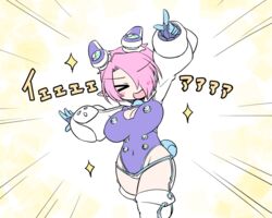  &gt;_&lt; :d arm_up blush breasts cleavage cleavage_cutout closed_eyes clothing_cutout commentary_request female hair_ornament large_breasts open_mouth original outstretched_arm phantasy_star phantasy_star_zero pink_hair pointing pointing_up pointy_ears rei_(holyspirit) short_hair smile solo thighhighs xd zefirumu 