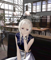  belt blonde_hair blue_eyes breasts chair chef_no_kimagure_salad commentary_request female hair_ornament hairclip highres indoors looking_at_viewer original plant sitting skirt solo stairs table watch wristwatch 