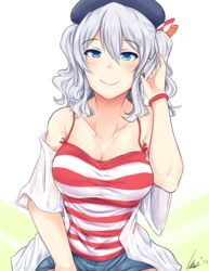  absurdres alternate_costume bare_shoulders beret blue_eyes blush bracelet camisole closed_mouth commentary english_commentary female grey_hair hair_ornament hand_in_own_hair hat highres jewelry kantai_collection kashima_(kancolle) looking_at_viewer shirt shorts smile solo striped_clothes striped_shirt tucking_hair twintails wangphing wavy_hair 