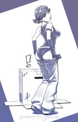  ! ass bare_shoulders box cardboard_box daniel_macgregor dressing female flipped_hair gloves looking_back meryl_silverburgh metal_gear_(series) metal_gear_solid monochrome pants_down short_hair signature simple_background smile solo tank_top underwear 