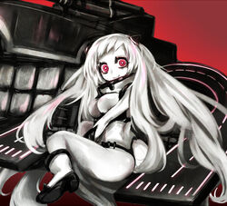  abyssal_ship airfield_princess ajino_(sakanahen) ankle_boots ass bodysuit boots commentary_request female full_body horns kantai_collection long_hair looking_at_viewer md5_mismatch pale_skin red_eyes resolution_mismatch smile solo source_smaller very_long_hair white_footwear white_hair 