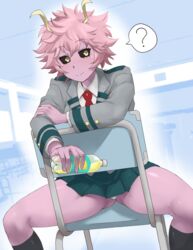  :&gt; ? ashido_mina bad_leg black_sclera black_socks blazer blush boku_no_hero_academia bottle breasts chair classroom closed_mouth collared_shirt colored_sclera colored_skin commentary_request drink dutch_angle eyelashes female grey_jacket hand_on_own_arm highres holding_own_arm horns indoors jacket juice kneehighs lemonade long_sleeves looking_at_viewer medium_breasts messy_hair minakami_(flyingman555) miniskirt nail_polish necktie outline panties pantyshot partially_colored pink_hair pink_nails pink_skin pleated_skirt red_necktie school_uniform shirt short_hair sitting sitting_backwards skirt smile socks solo spoken_question_mark spread_legs thighs u.a._school_uniform underwear water_bottle white_panties white_shirt yellow_eyes 