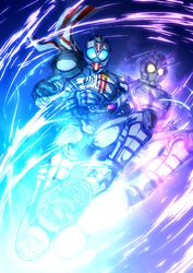  2boys antennae armor bad_id bad_pixiv_id belt blue_eyes fusion ghost glowing helmet kamen_rider kamen_rider_chaser kamen_rider_drive_(series) kamen_rider_mach kicking mask multiple_boys orange_eyes rider_kick scarf spoilers tire yusuki_(fukumen) 