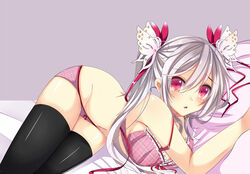  bed black_thighhighs bloodcatblack blush bow bow_panties bra breasts butterfly_hair_ornament commentary_request duplicate female hair_ornament long_hair lying on_side open_mouth original panties pillow pink_eyes pink_panties pixel-perfect_duplicate plaid plaid_bra plaid_panties solo strap_slip thighhighs twintails underwear underwear_only white_hair 