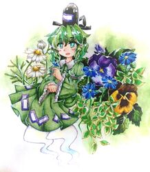  andonkurage bad_id bad_pixiv_id blush_stickers daisy dress female flower ghost_tail gradient_background green_dress green_eyes green_hair hat highres long_sleeves looking_at_viewer painting_(medium) pansy parted_lips short_hair soga_no_tojiko solo tate_eboshi touhou traditional_media violet_(flower) watercolor_(medium) 