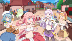  5girls ahoge armor beret bikini_armor blonde_hair blue_eyes blue_hair blush blush_stickers card chibi_dragon commentary day demon_wings dragon drooling elbow_gloves elf elnowar_seylan endro! fai_fai faulds fingerless_gloves flower gloves green_eyes hair_flower hair_ornament hairband hand_on_own_hip hat highres horns light_purple_hair long_hair mao_(endro!) meiza_endust multiple_girls outdoors pantyhose pink_hair pointy_ears pose purple_eyes short_hair shorts shoulder_pads strapless town white_gloves wings yunyunmaru yuria_shardet 