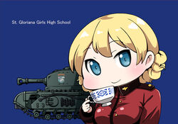  blonde_hair blue_background blue_eyes breasts caterpillar_tracks chibi churchill_(tank) commentary_request cup darjeeling_(girls_und_panzer) emblem english_text female girls_und_panzer holding long_hair military military_vehicle motor_vehicle smile st._gloriana&#039;s_(emblem) st._gloriana&#039;s_military_uniform tank yunaka_(259808) 