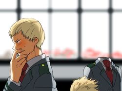  1boy bad_id bad_pixiv_id blazer blonde_hair blurry blush boku_no_hero_academia depth_of_field female hagakure_tooru hand_on_own_face invisible jacket looking_down necktie ojiro_mashirao red_necktie school_uniform short_hair sweatdrop tail u.a._school_uniform upper_body window yagiushi_(sinnpatilove) 