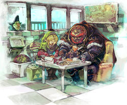  3boys chicken dark_skin eating food ganondorf hat indoors kfc koki_(ryoushikiha) link multiple_boys nintendo open_mouth pointy_ears restaurant the_legend_of_zelda tingle triforce 