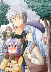  1boy 4girls alternate_costume alternate_headwear bag black_dress black_hair blonde_hair blue_hair blush casual commentary_request contemporary dress glasses grey_hair hat head_wings horns kamishirasawa_keine long_hair long_sleeves maribel_hearn mittens morichika_rinnosuke multicolored_hair multiple_girls oerba_yun_fang open_mouth red-framed_eyewear red_eyes scarf shopping shoulder_bag single_head_wing smile snowing streaked_hair tokiko_(touhou) touhou tree tsukimi_(ryouiki_ridatsu) usami_renko very_long_hair window wings winter_clothes yellow_eyes 