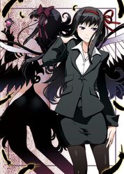  aged_up akemi_homura akuma_homura alternate_costume black_hair commentary_request dark_orb_(madoka_magica) dress_suit feathers female formal grin hair_flip hair_ribbon long_hair mahou_shoujo_madoka_magica mahou_shoujo_madoka_magica:_hangyaku_no_monogatari pantyhose pencil_skirt purple_eyes ribbon shinama shirt skirt skirt_suit smile soul_gem spoilers suit wings 