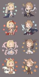  &gt;_&lt; alternate_costume armor blonde_hair blue_eyes brown_hair cloak closed_eyes commentary_request cosplay djeeta_(granblue_fantasy) dress europa_(granblue_fantasy) flower gabriel_(granblue_fantasy) godsworn_alexiel gran_(granblue_fantasy) granblue_fantasy grey_hair grimnir_(granblue_fantasy) gucha_(netsu) highres michael_(granblue_fantasy) orange_eyes polearm raphael_(granblue_fantasy) red_eyes shield shiva_(granblue_fantasy) spear sword tiara trident uriel_(granblue_fantasy) weapon wings 