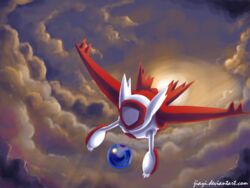  2008 3_fingers 4:3 claws cloud detailed_background digital_drawing_(artwork) digital_media_(artwork) female feral fingers flying generation_3_pokemon jiayi latias legendary_pokemon nintendo orb pokemon pokemon_(species) red_body sky skyscape solo text url white_claws 