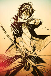  1boy arm_tattoo black_gloves dog_tags dragon_tattoo gloves half_gloves katana male_focus monochrome ookurikara scan solo sword tattoo toboso_yana touken_ranbu weapon 