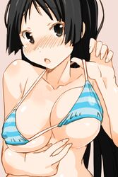  akiyama_mio bikini bikini_top_only black_eyes black_hair blush breasts commentary_request covered_nipples female k-on! large_breasts long_hair looking_at_viewer open_mouth shinama shiny_skin simple_background skin_rash solo swimsuit 