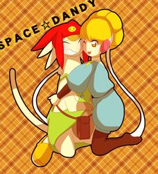  1boy adelie_(space_dandy) black_legwear blonde_hair female hug hugging meow_(space_dandy) space_dandy tail wink 