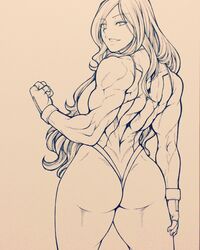  ass back biceps chiba_toshirou female fingerless_gloves gloves highres ink_(medium) jennifer_walters leotard long_hair marvel monochrome muscular muscular_female she-hulk smile solo thong_leotard traditional_media 