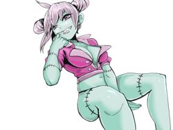  breasts cleavage fangs female female finger_in_mouth finger_to_mouth green_skin large_breasts lavender_hair monster_girl nikuman_(artist) purple_eyes saliva saliva_trail scar simple_background solo stitches zombie 