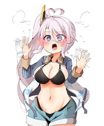  afterimage ahoge akaoni_(zumt3548) azur_lane bikini bikini_under_clothes black_bikini blue_eyes blue_jacket blue_shorts blush breasts collarbone commentary_request denim denim_shorts double_vertical_stripe embarrassed eyes_visible_through_hair female groin hair_between_eyes hands_up headgear heart heart-shaped_pupils heart_ahoge highleg highleg_bikini highres jacket large_breasts long_hair long_sleeves motion_lines multicolored_clothes multicolored_jacket navel nervous o-ring o-ring_top oerba_yun_fang open_clothes open_jacket open_mouth portland_(azur_lane) portland_(retrofit)_(azur_lane) purple_hair round_teeth short_shorts shorts side_ponytail sidelocks simple_background star_(symbol) star_print swimsuit symbol-shaped_pupils teeth tongue two-sided_fabric two-sided_jacket two-tone_jacket underboob unzipped very_long_hair white_background white_jacket wide_hips 