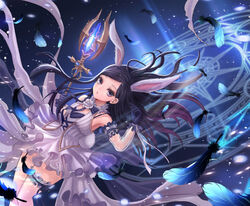  animal_ears arm_up armpits black_feathers black_gloves black_hair bunny_ears bunny_tail crystal detached_sleeves dress elin_(tera) feathers female garters gloves glowing highres ji-hyun_ro long_hair magic_circle official_art purple_eyes see-through see-through_sleeves short_dress solo staff tail tera_online weapon white_dress wind wind_lift 