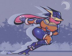  2019 anthro big_breasts breasts clothed clothing digital_media_(artwork) female generation_6_pokemon greninja gwen_(sirphilliam) holding_object long_tongue moon ninja nintendo pokemon pokemon_(species) ranged_weapon running shuriken simple_background solo squish sweater_pups thick_thighs tongue tongue_out warrior weapon 