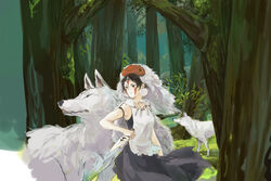  animal bare_arms breasts brown_hair commentary dress earrings facepaint facial_mark female fur headband jewelry knife mask mononoke_hime moro_no_ichizoku necklace photoshop_(medium) san_(mononoke_hime) short_hair tooth_necklace wolf zhi_xie 