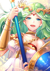  :d ancient_greek_clothes armlet bare_shoulders blue_eyes bracelet bracer breasts chiton circlet collarbone commentary_request dress female forehead_jewel greco-roman_clothes green_hair hand_up highres holding holding_staff jewelry kid_icarus large_breasts laurel_crown long_hair looking_at_viewer medium_breasts neck_ring necklace open_mouth palutena parted_bangs pendant shield smile solo staff strapless strapless_dress upper_body vambraces very_long_hair white_dress yuduki_(tt-yuduki) 